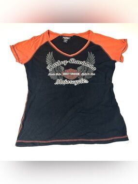 Vintage 2009 Y2K Harley Davidson Women’s Size Large Tshirt Black Orange Vneck